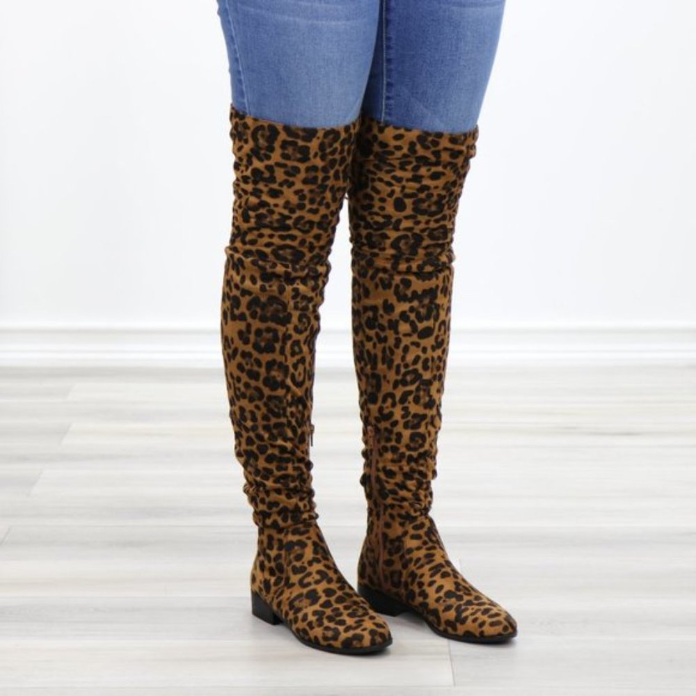 Leopard Suede Thigh High Flat Boot Lace Up Back - Picture 14 of 14